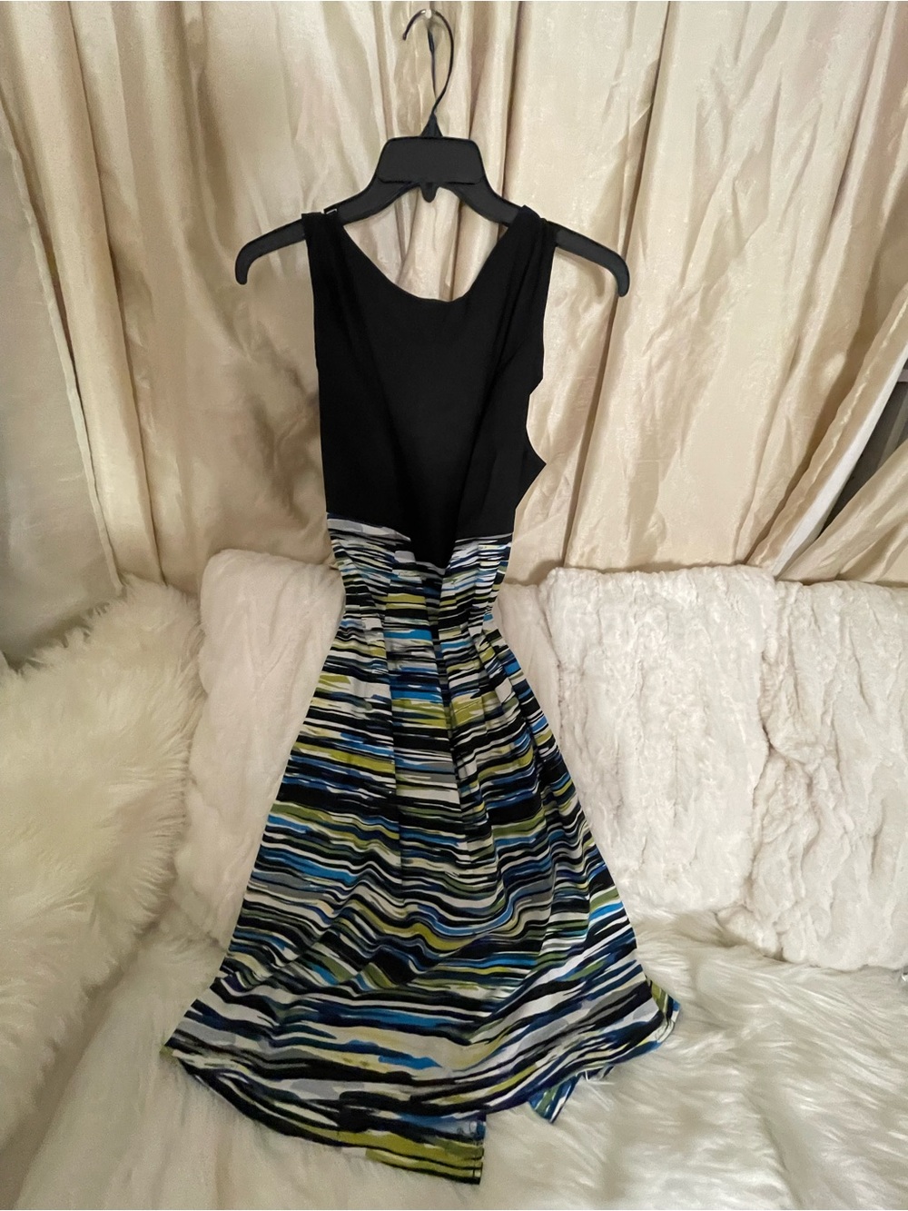 Dressbarn Black Bodice with Blue, Green & White Striped Midi Dress